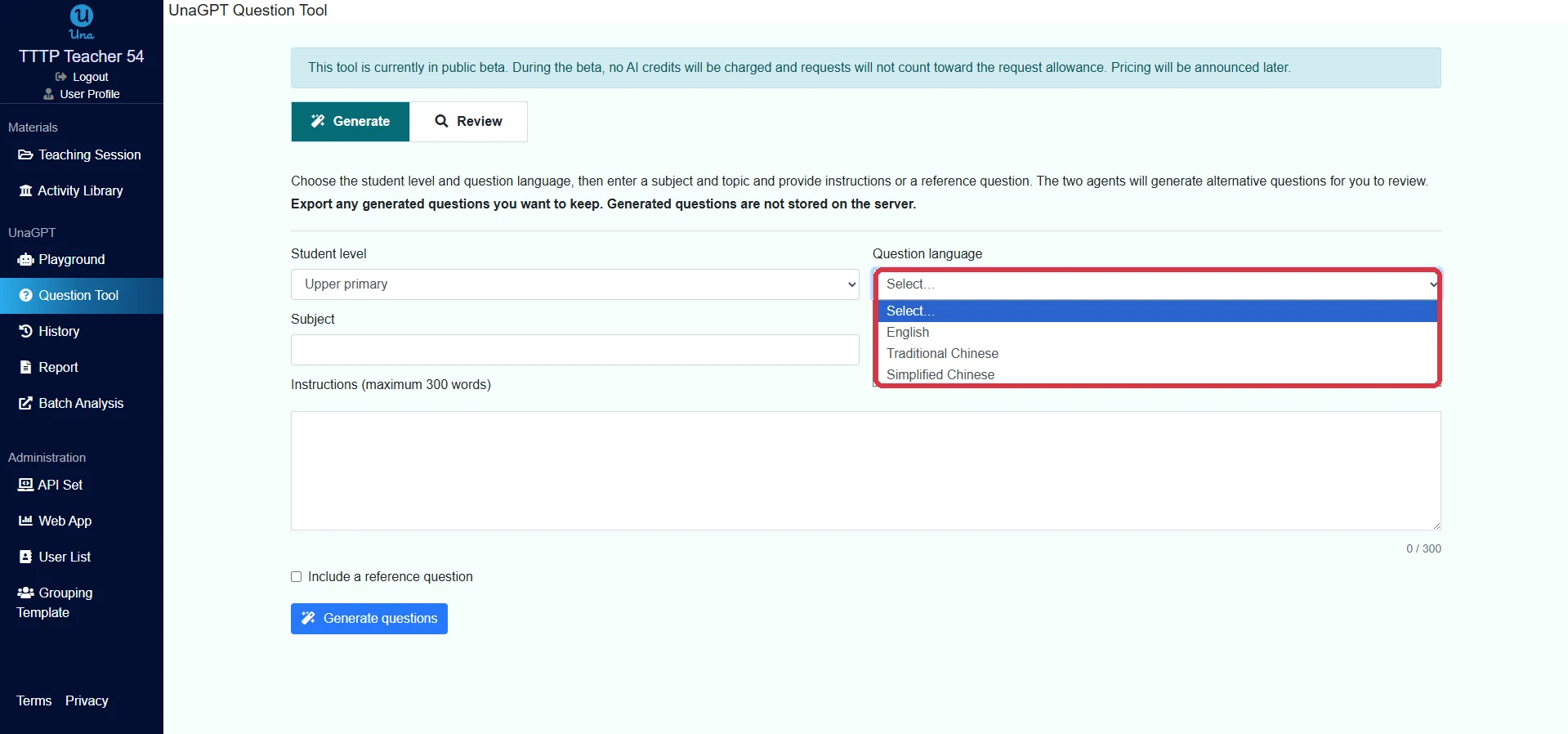 The Question language drop-down open