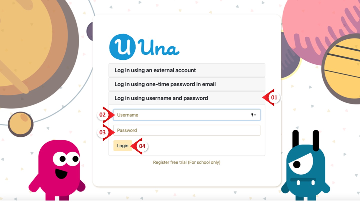 Una log in using username and password
