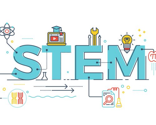 Illustration of STEM - science, technology, engineering, mathematics education word typography design with icons ornament elements