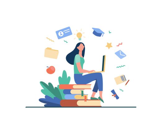 Student with laptop studying on online course. Woman sitting on stack of books and using computer. Vector illustration for internet school, knowledge, education concept